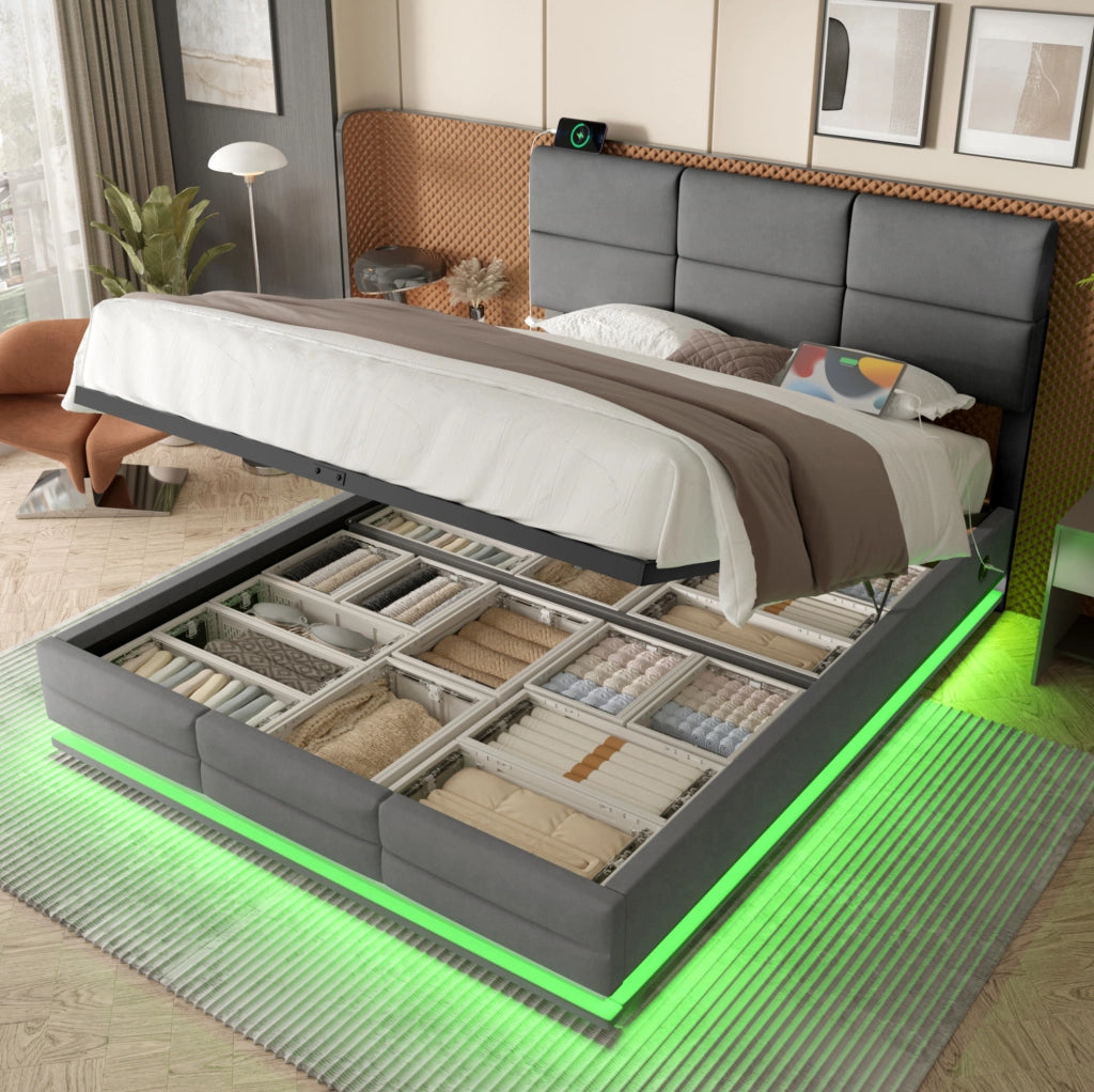 Letto matrimoniale 140x200 cm in velluto grigio scuro con testiera regolabile; LED e contenitore