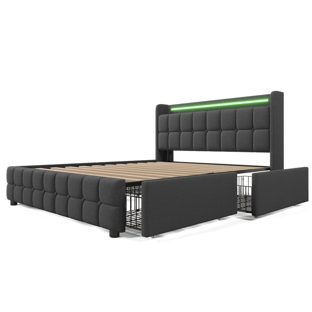 Letto Imbottito con LED, USB e Cassetti ¨C MINIMAL ¨C Grigio, 160x200
