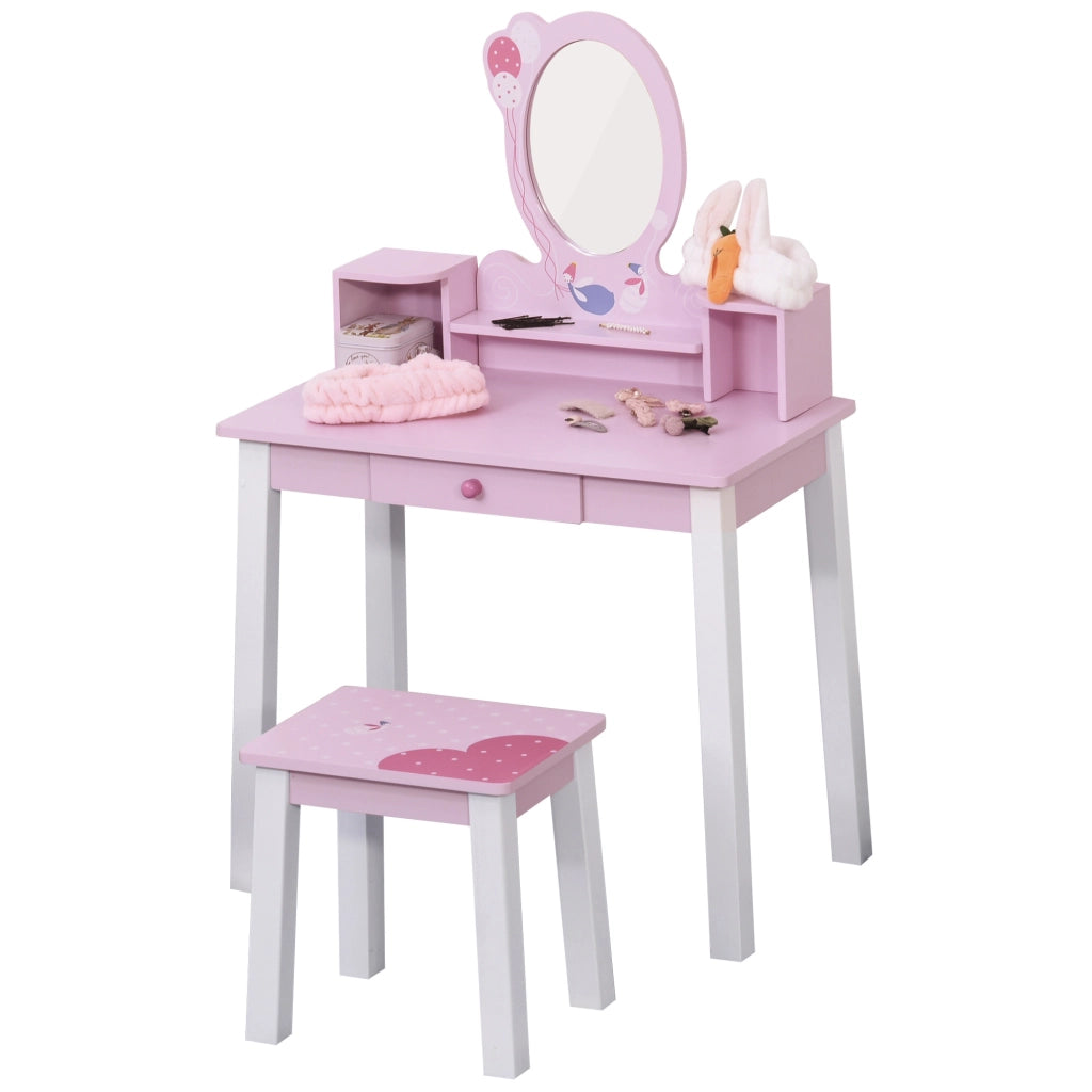 Toeletta per Bambini con Sgabello e Specchio ¨C Xylo ¨C Rosa Legno 60x34x93cm
