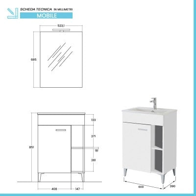 Mobile bagno a terra 60 cm bianco lucido con 1 anta lavabo e specchio  Martha