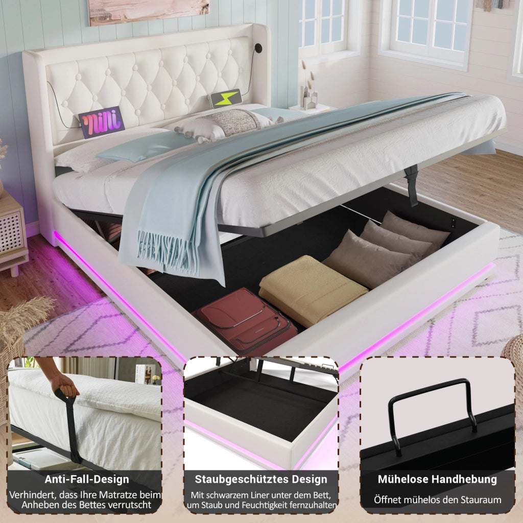 LETTO Contenitore 160x200 cm in PU Bianco con USB Type-C e LED