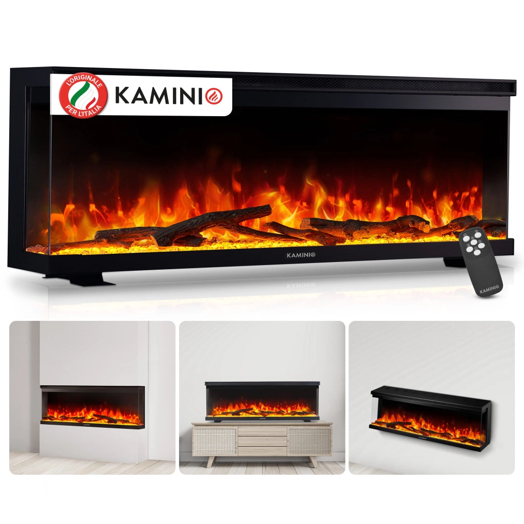 KAMINIO Camino elettrico LEA - Camino 3 in 1 con vista panoramica, riscaldamento, effetto fiamma, 12 colori delle fiamme, telecomando - 50 pollici