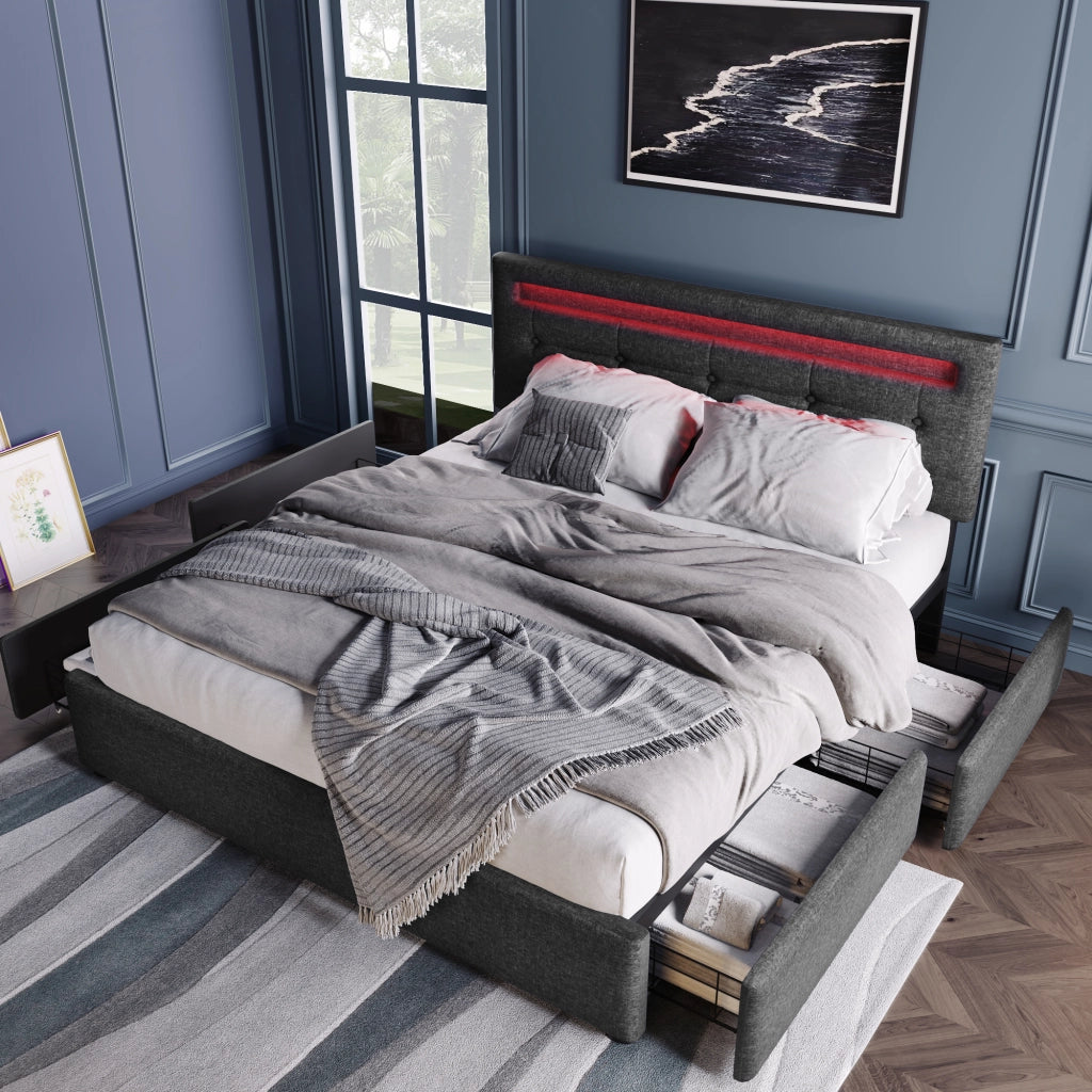 LETTO matrimoniale 140x200 cm in lino grigio con LED e 4 cassetti