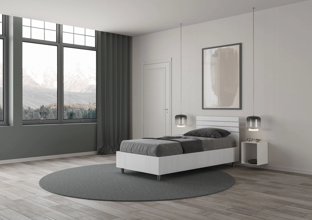 BS COM Letto singolo contenitore 80x200 testata dritta con doghe bianco frassino