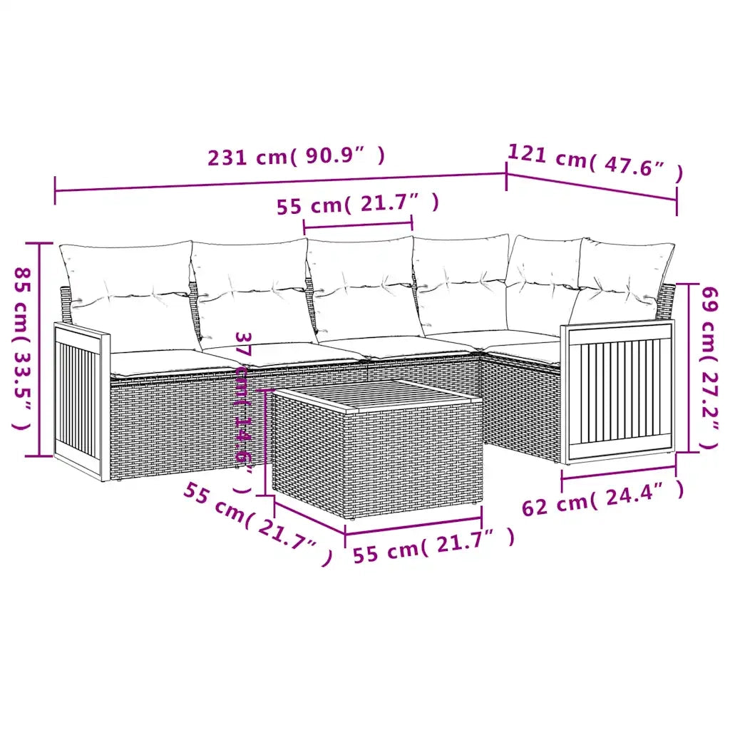 Set Divani da Giardino 6 pz con Cuscini Nero in Polyrattan 3227632