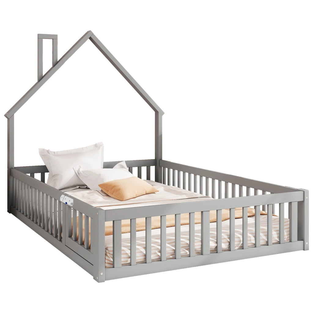 Letto per bambini 140 x 190 cm con forma camino, rete a doghe, grigio