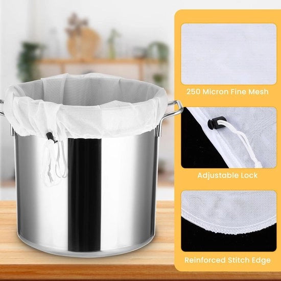 Sac di filtrazione Brew Bag in poliestere 66 x 56 cm - sac di filtrazione extra grande - sacchi di filtrazione riutilizzabili - corda per tirare - birra fai da te - vino birra succo di frutta latte di soia noci