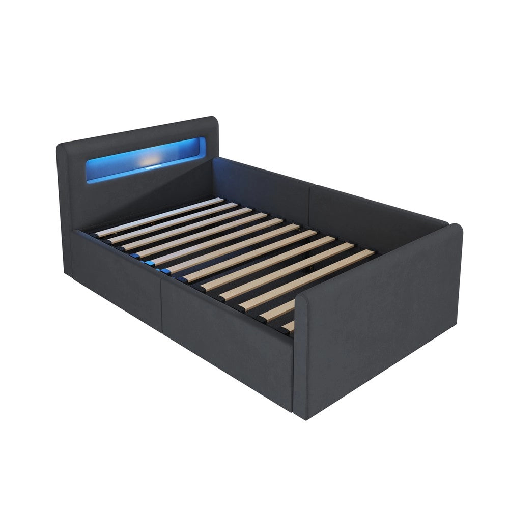 Letto Singolo Imbottito con LED, USB e Contenitore Idraulico ¨C MINIMAL ¨C Velluto Grigio Scuro 90x200