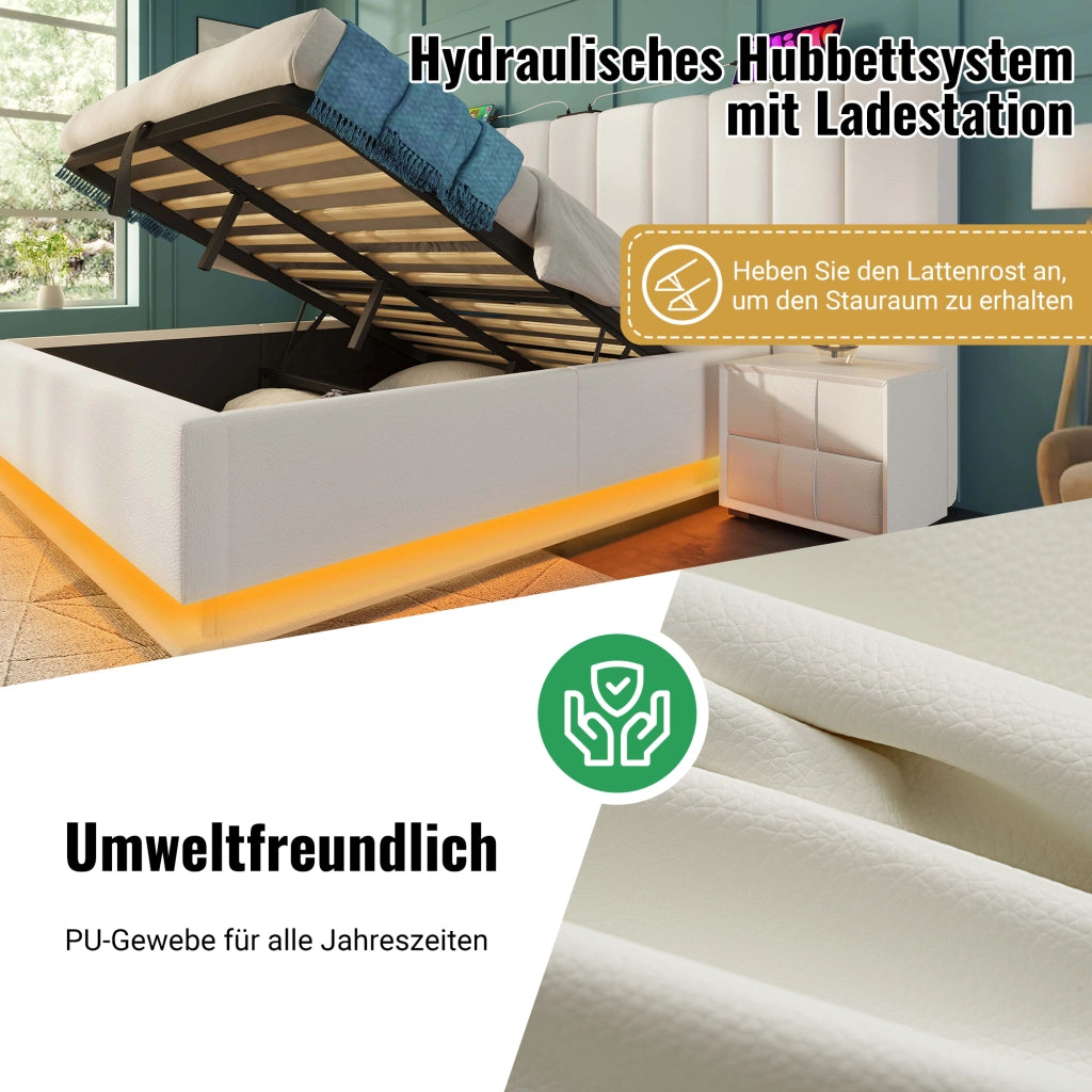 LETTO Contenitore 160x200 cm in PU Bianco con LED e ricarica USB-C