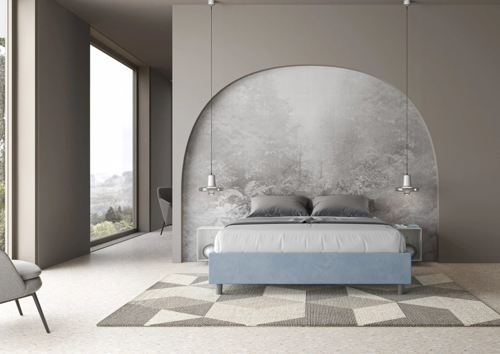 BS COM Letto matrimoniale francese contenitore imbottito 140x190 microfibra azzurro