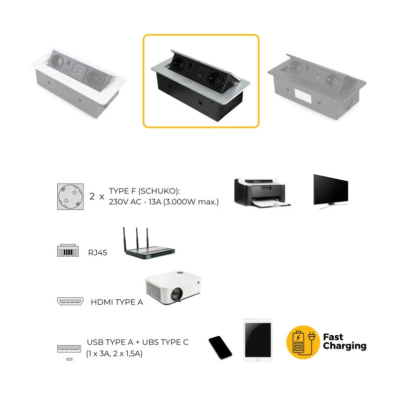 Multiconnettore con coperchio scorrevole Vertikal Flat 60, diametro 60 mm, 1 presa Schuko, 1 USB Tipo A, 1 USB Tipo C,..