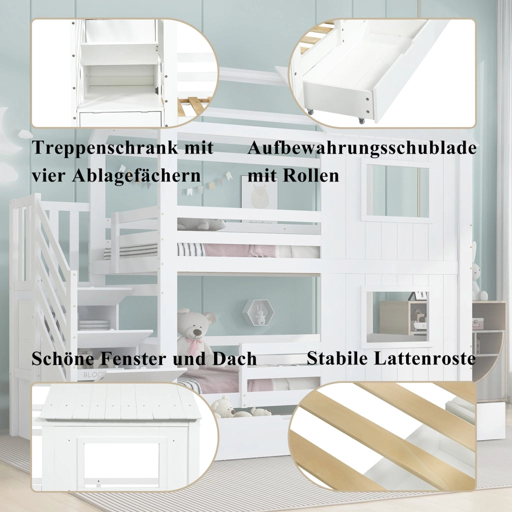 LETTO A CASTELLO 90x200 cm Bianco con scala contenitore e cassetto