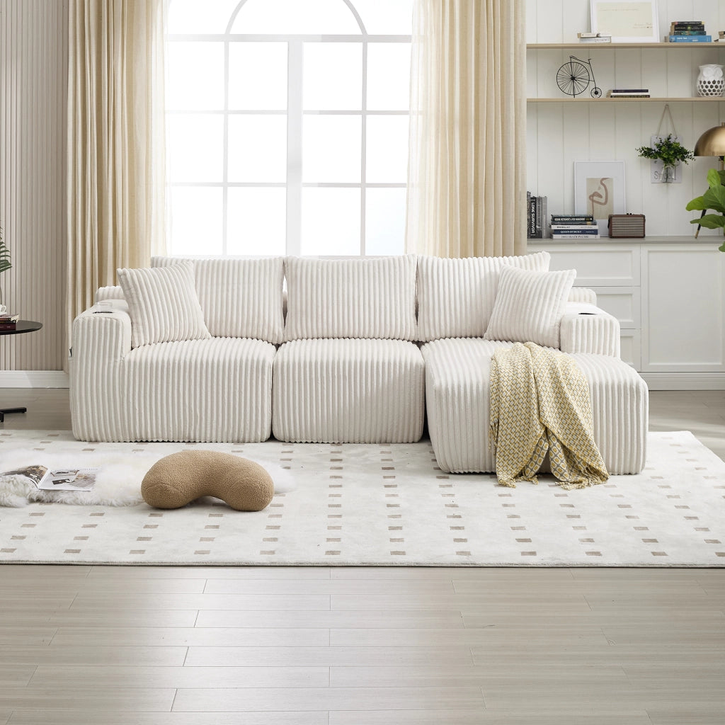 Divano Modulare con Chaise Longue e 2 Posti ¨C MINIMAL ¨C Velluto a Coste, Cuscini, Portabicchieri