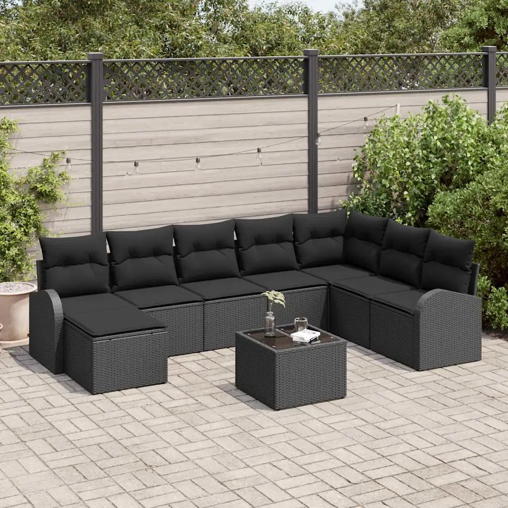Set Divano da Giardino con cuscino 9 pcs Nero Poly Rattan