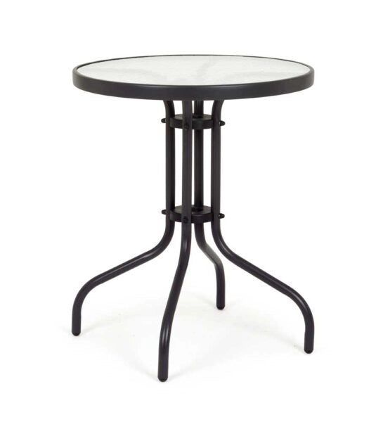 Tavolo da Esterno in Acciaio Nero Ø60 cm – Piano in Vetro Temperato