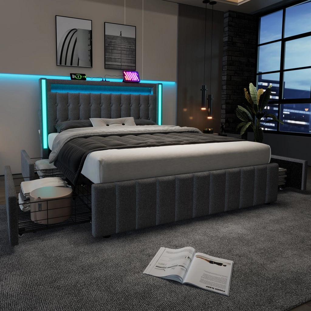 LETTO in lino 160x200 cm grigio con USB, LED e 4 cassetti