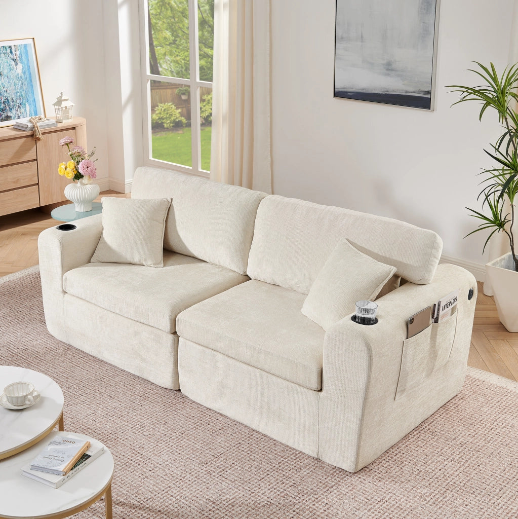 Divano relax 2 posti in chenille con USB; tasche laterali e portabevande; beige