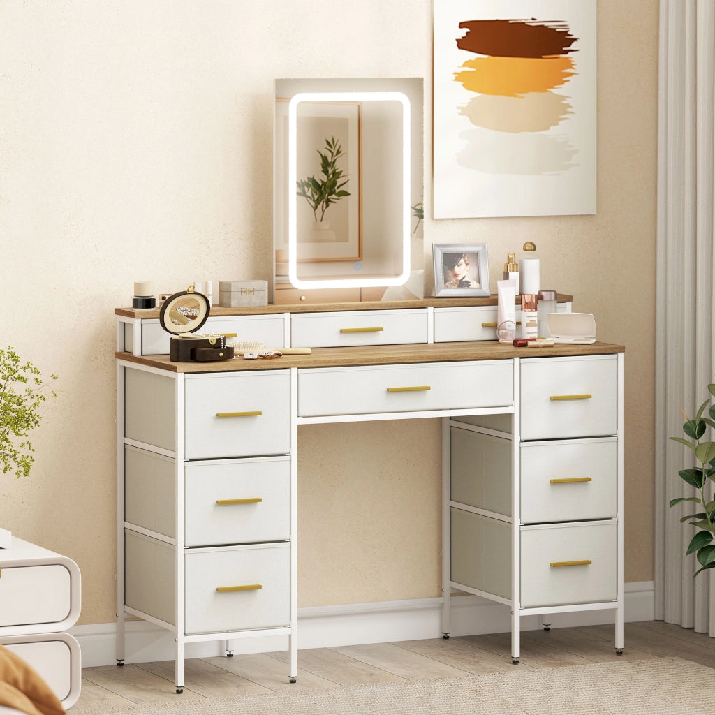 Toilette con specchio LED 3 colori ¨C Xylo ¨C 10 cassetti tessuto 118,5x39,5x140cm naturale