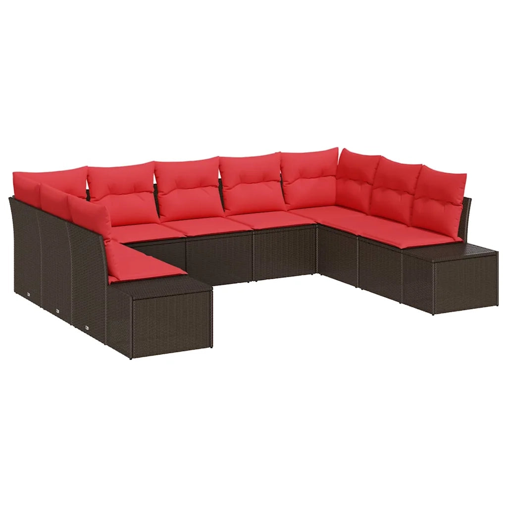 Set Divano da Giardino 9 pz 8-Numero di posti Marrone e Rosso 3355893
