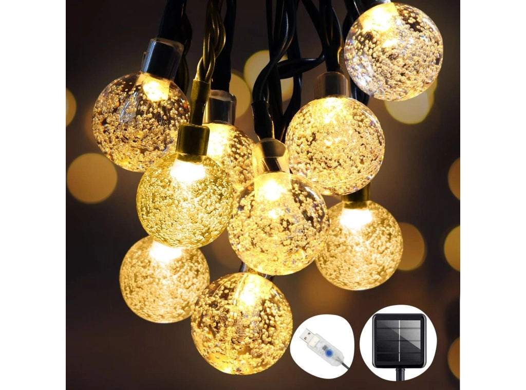 Strip LED Luci Solari e USB da Giardino 8 m 50 LED Impermeabili 8 modalità per Feste Natale Compleanni Luce Bianco Caldo