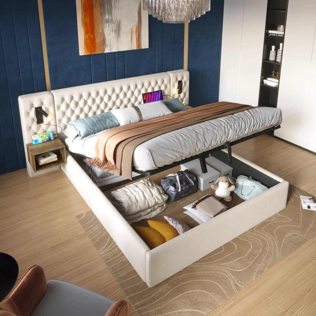 LETTO Contenitore 160x200 cm in Velluto Beige con 2 Comodini e Luci USB