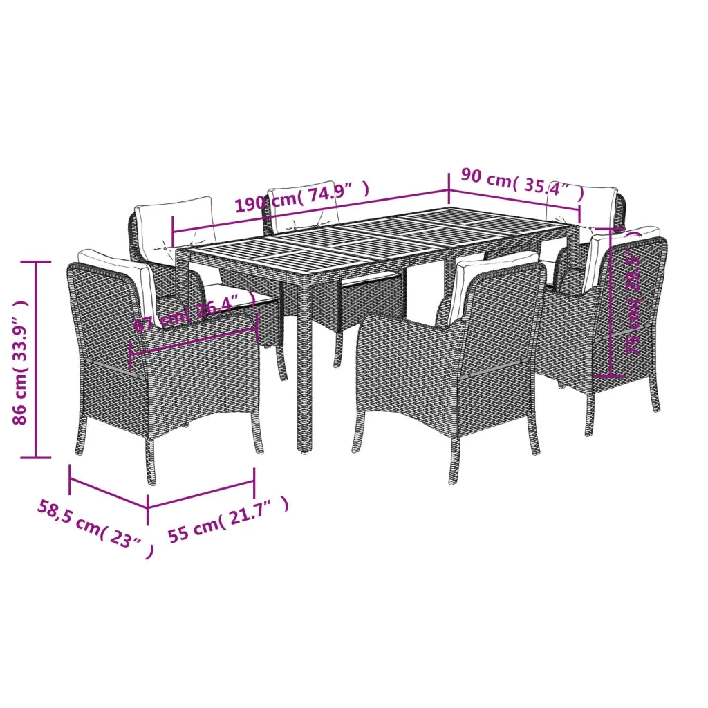 Set da Pranzo da Giardino 7 pz Nero con Cuscini in Polyrattan