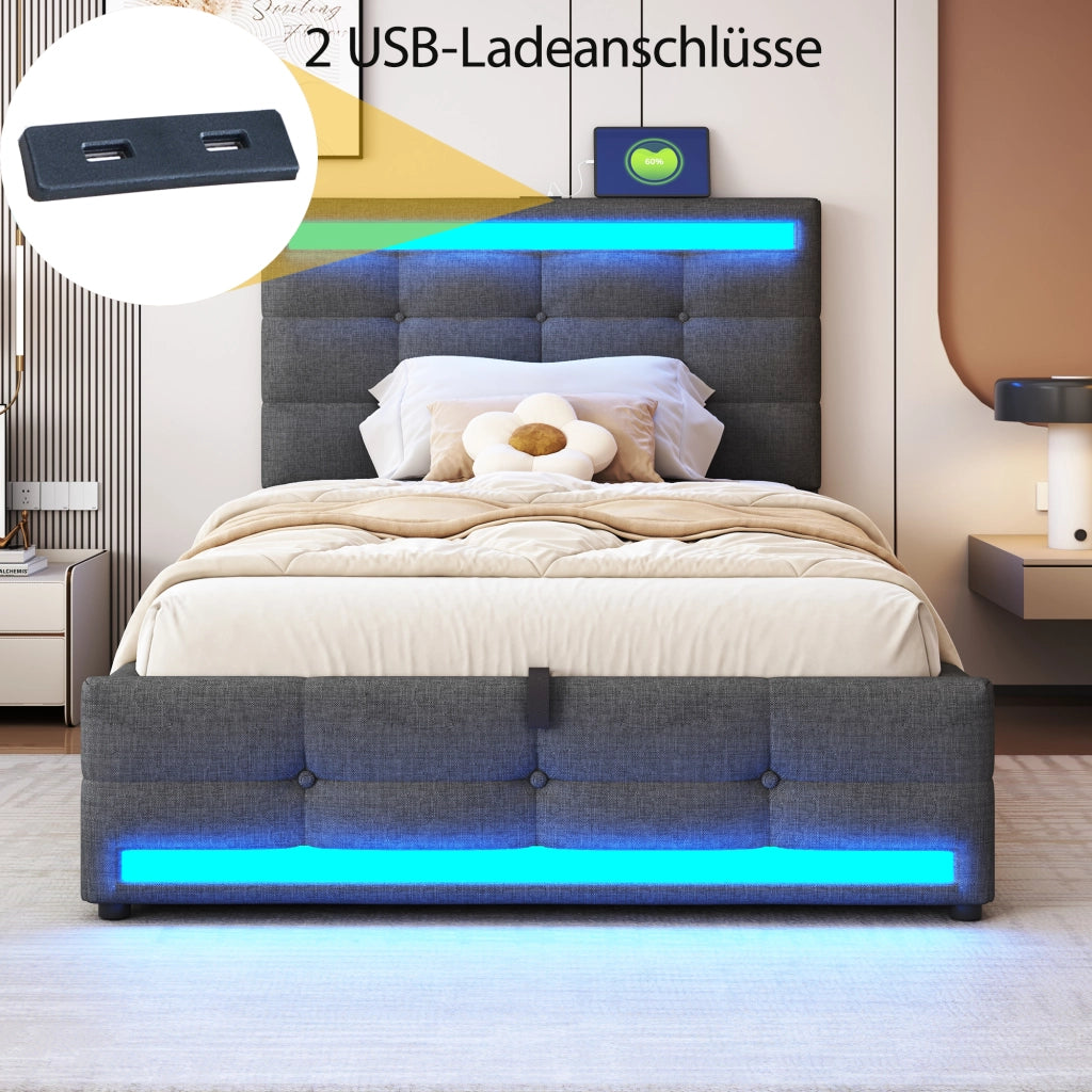LETTO Imbottito 90x200 cm Grigio con LED RGB e porte USB