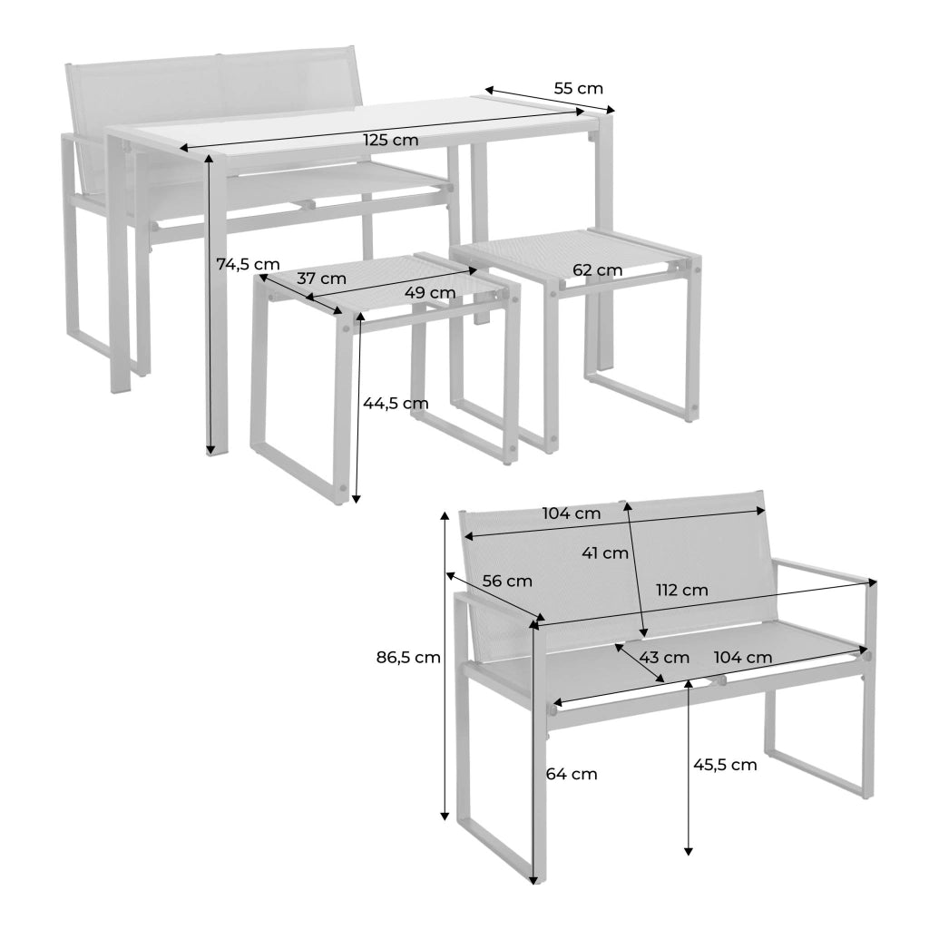 Set tavolo da giardino incastrabile in acciaio e textilene con 4