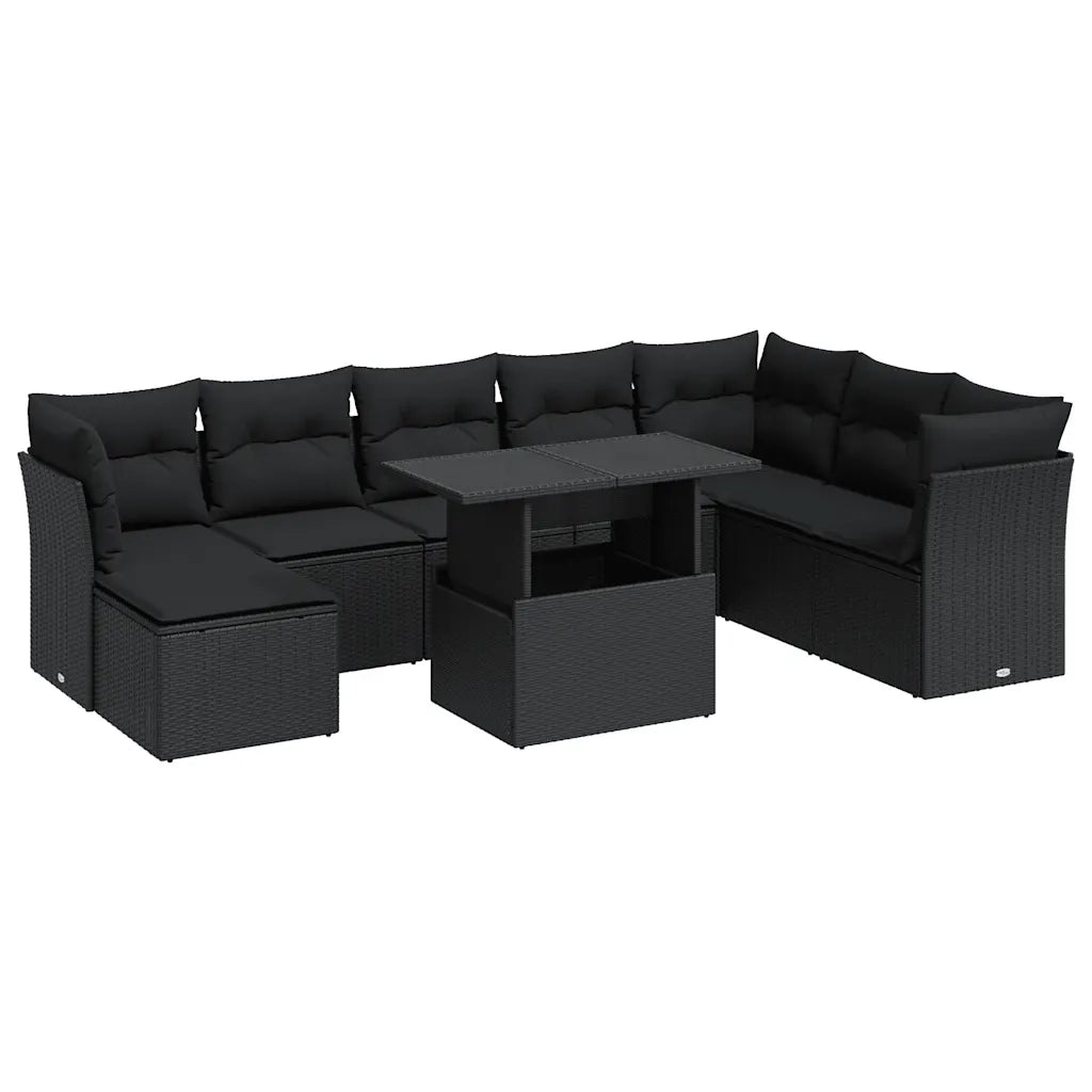 Set Divani da Giardino 9 pz con Cuscini Nero in Polyrattan 3326206
