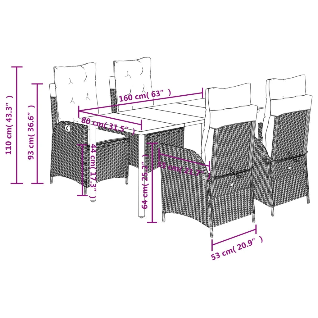 Set da Pranzo da Giardino 5 pz Nero con Cuscini in Polyrattan 3213188