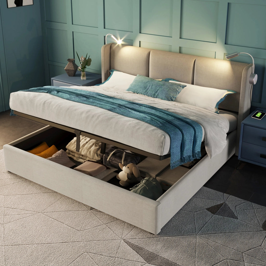 LETTO Contenitore 140x200 cm Beige in lino con luce lettura e ricarica USB