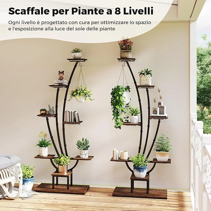 Scaffale per Piante da Interno ed Esterno, Porta Piante Angolare in Metallo a 8 Ripiani con Luci di Crescita, Porta Vasi per Balcone, Soggiorno e Giardino, 67 x 30 x 156 cm