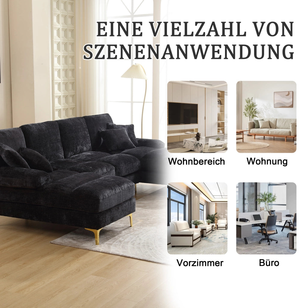 DIVANO SEZIONALE U 272x136x88 cm Chenille Nero