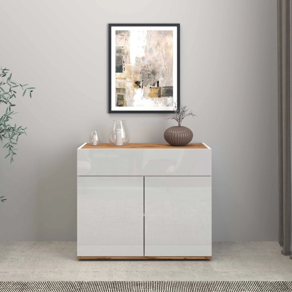 WHOUS Credenza Garda 2 ante e 1 cassetto bianco lucido e rovere 80,9x35x70 cm