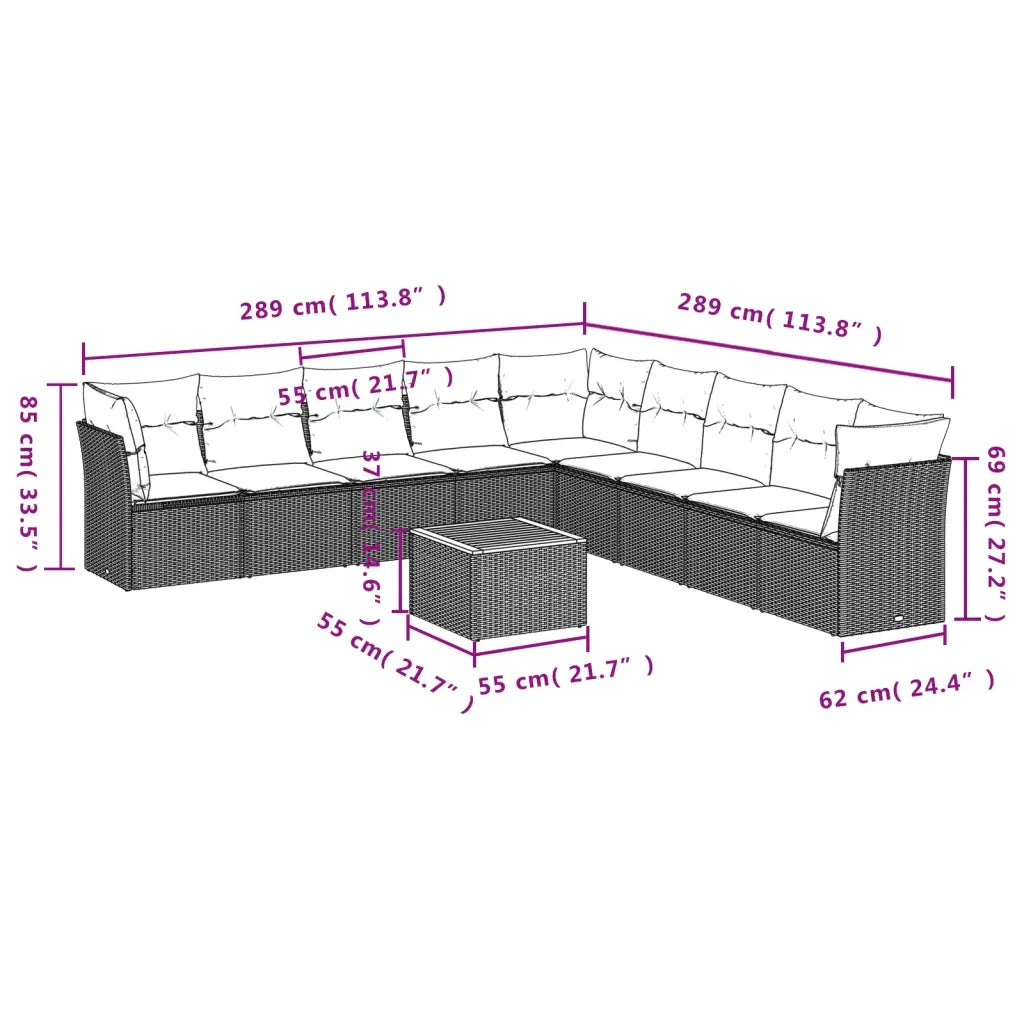 Set Divani da Giardino 10pz con Cuscini in Polyrattan Nero 3256021