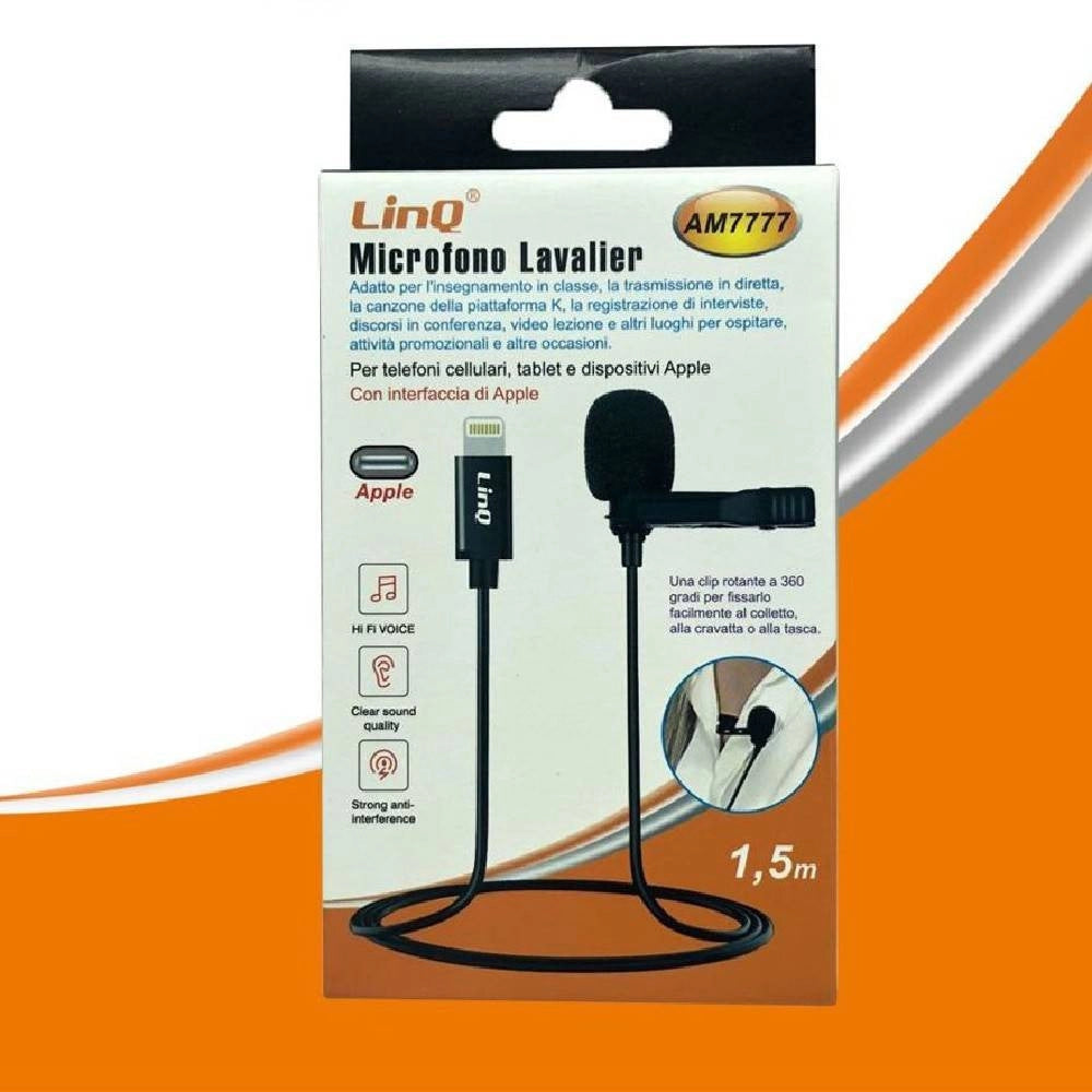 Trade Shop - Microfono Lavalier Con Clip Colletto Bavero Plug Lightning Iphone 1.5mt Am7777 -