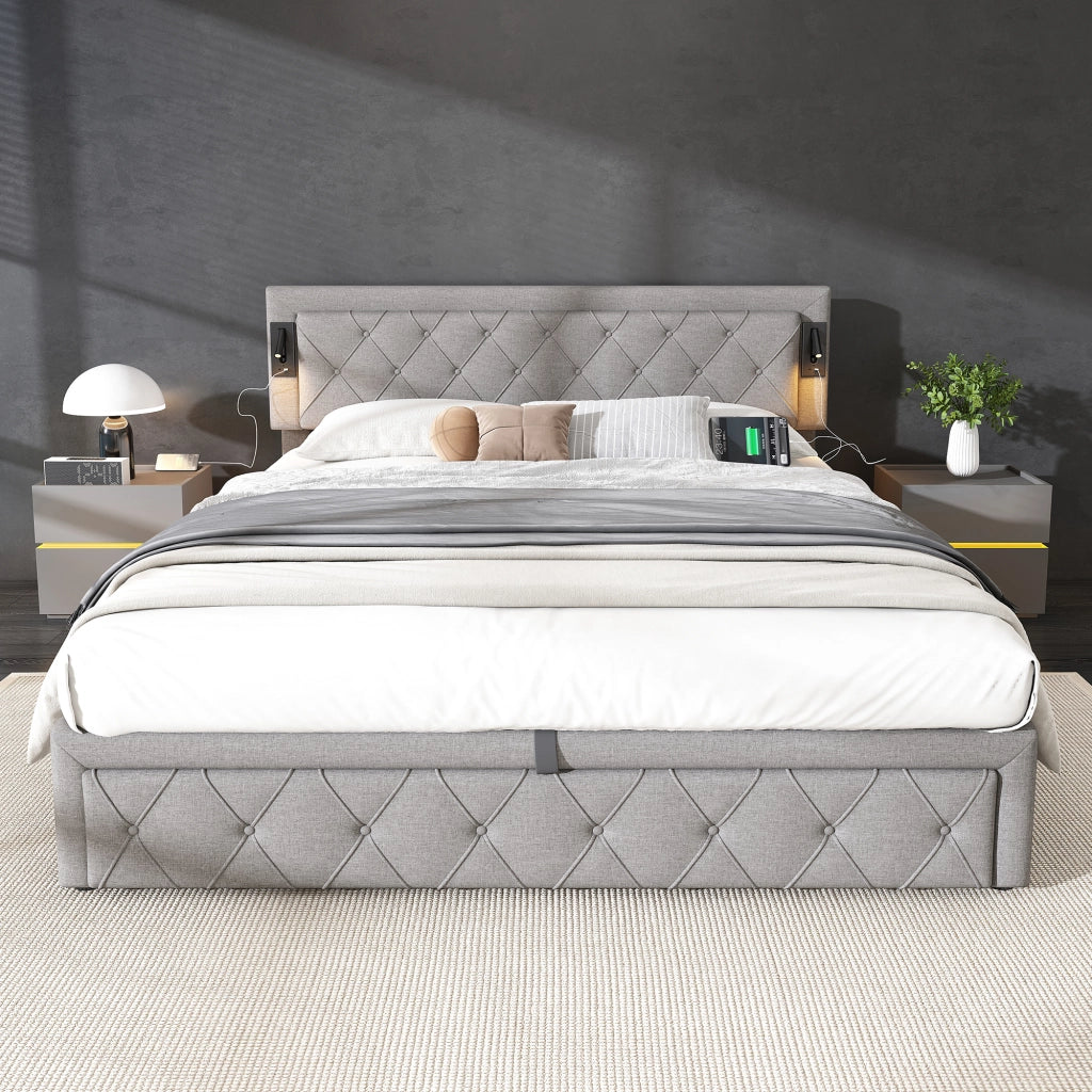 LETTO Contenitore 180x200 cm con downlight e USB, lino grigio