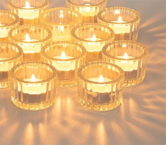 Sostegno per candele in vetro a righe - 12 pezzi - Ospita candele votive - Ideale per occasioni romantiche - Adatto per cerimonie di matrimonio - Adatto per candelabri a cera - Sostegno per candelabri a cera - Modello: 12 pezzi - Materiale: vetro a righe
