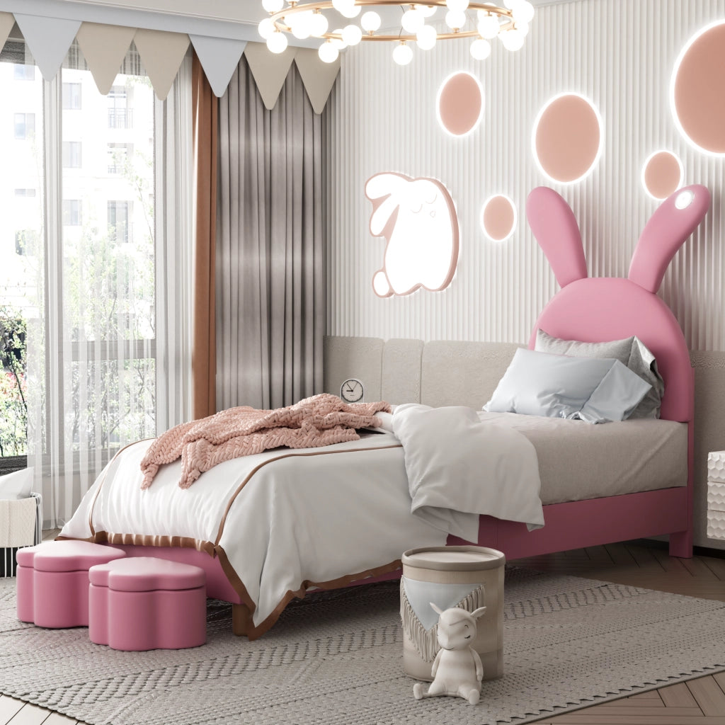 LETTO imbottito 90x200 cm in velluto rosa con LED e 2 panche contenitore