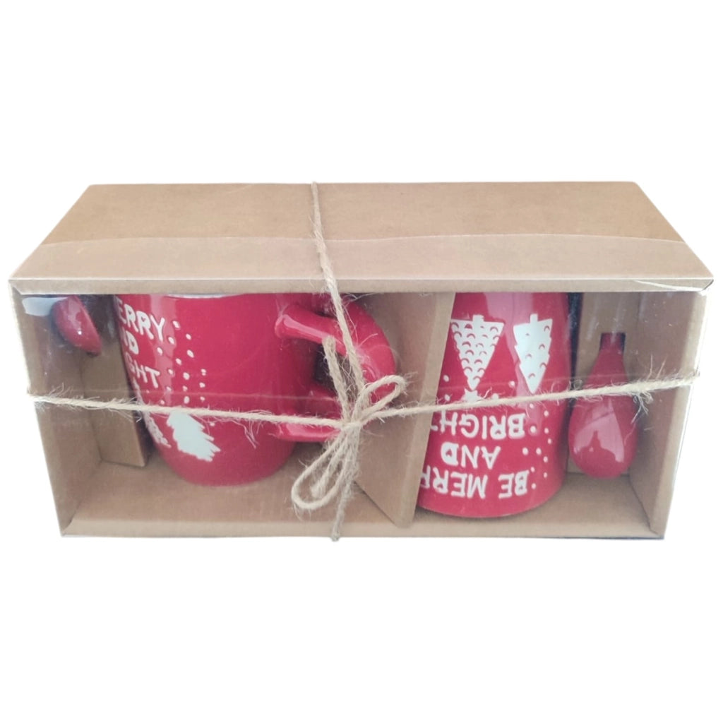 Set 2 Tazze Natalizie Gres Rosso 30cl con Cucchiaini Idea Regalo Natale