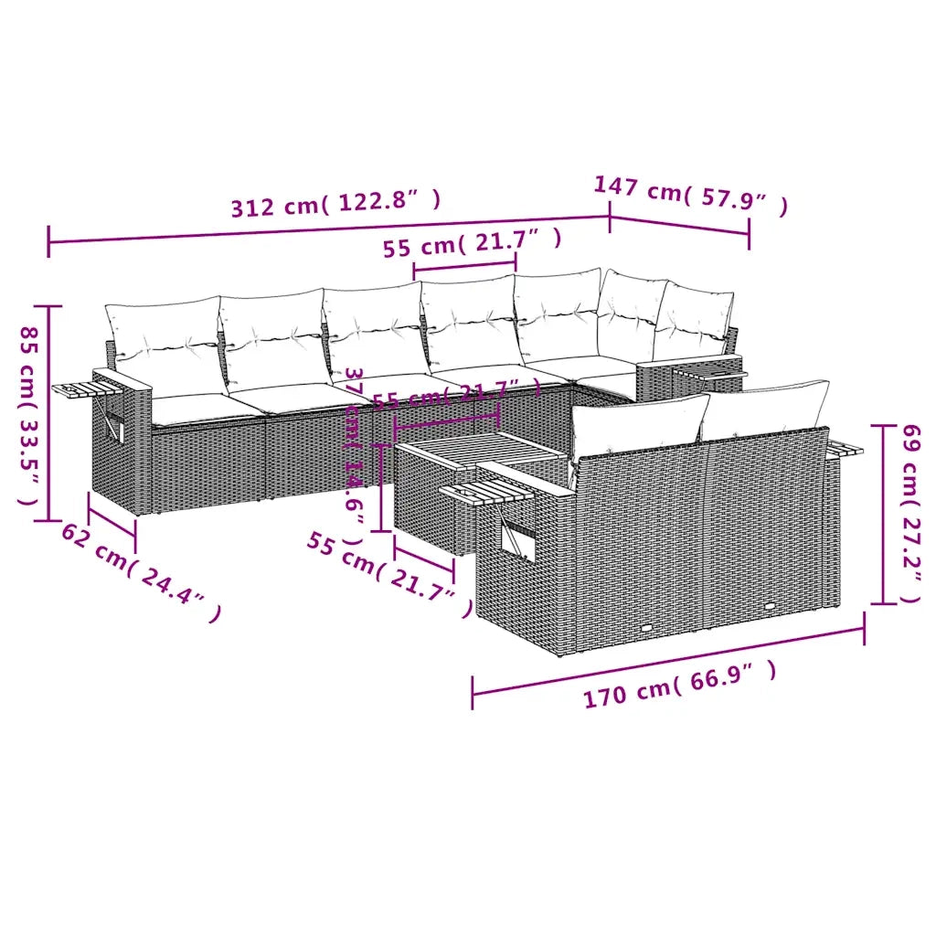 Set Divani da Giardino 9 pz con Cuscini Grigio in Polyrattan 3226999