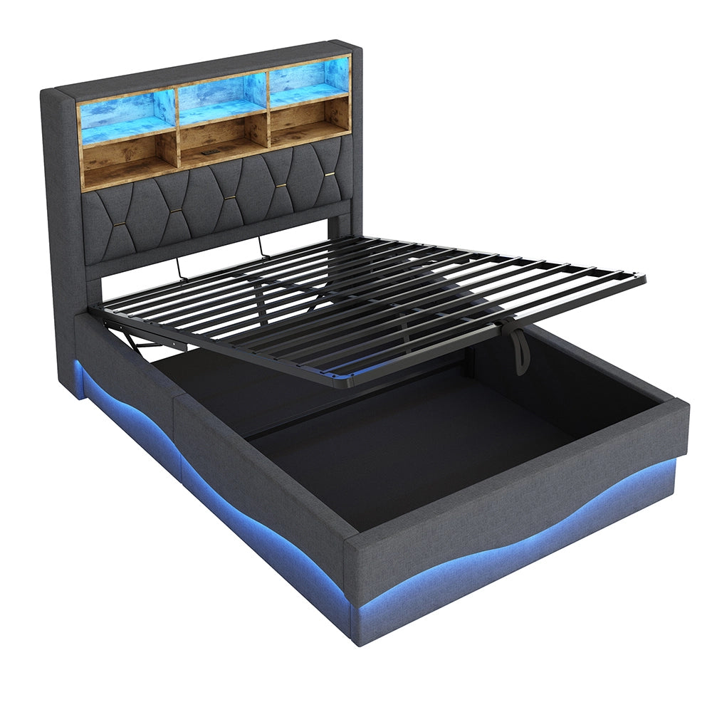 Letto-Xylo-140x200 cm-LED app, USB, metallo, lino grigio