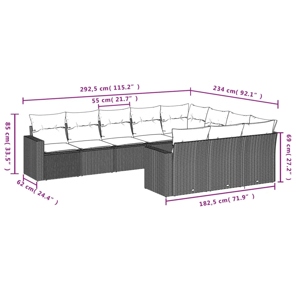 Set Divano Giardino 10 pz con Cuscini Grigio Chiaro Polyrattan