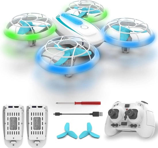 Drone per bambini con luci blu e verde - rotazione 360° - mantenimento dell'altezza - modalità headless - regalo per principianti - 2 batterie