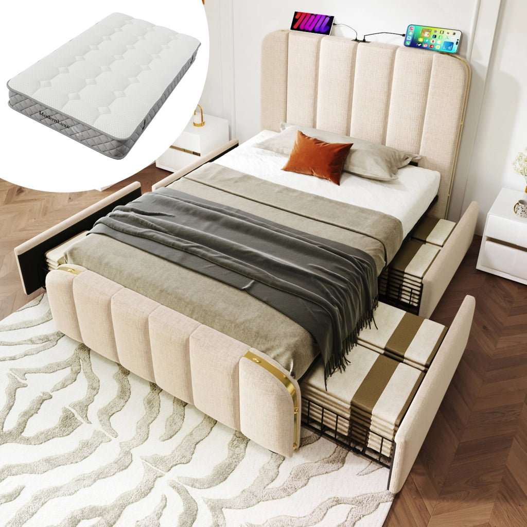 LETTO 90x200 cm in lino beige con 4 cassetti, USB Type-C e materasso incluso