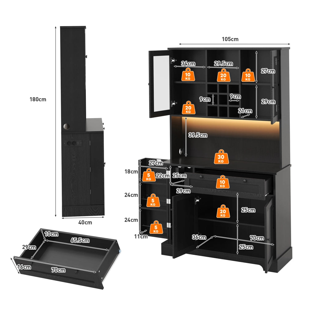 Credenza da Cucina Alta con 5 Ante e 1 Cassetto; LED e Prese; Ripiani Regolabili; in MDF; 105x40x180 cm; Nero