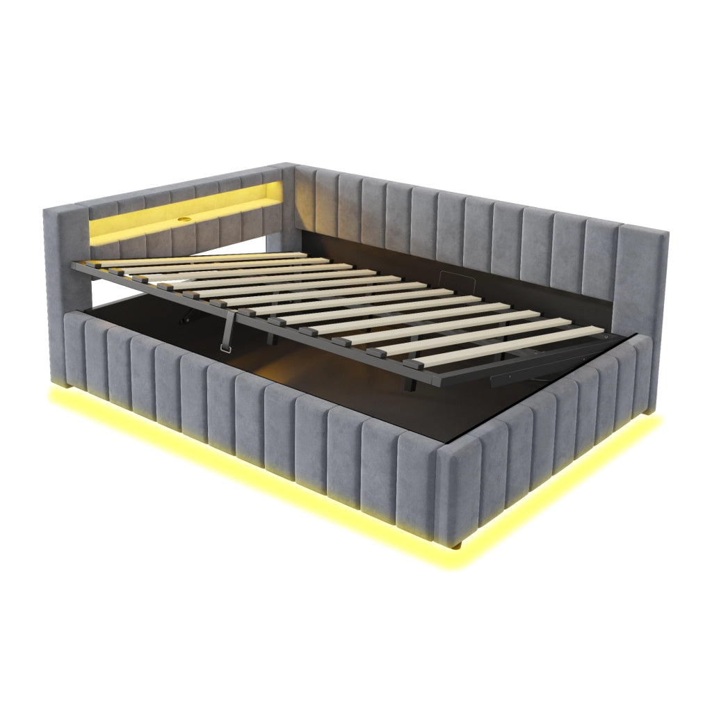 LETTO Contenitore 140x200 cm in velluto grigio con LED e USB