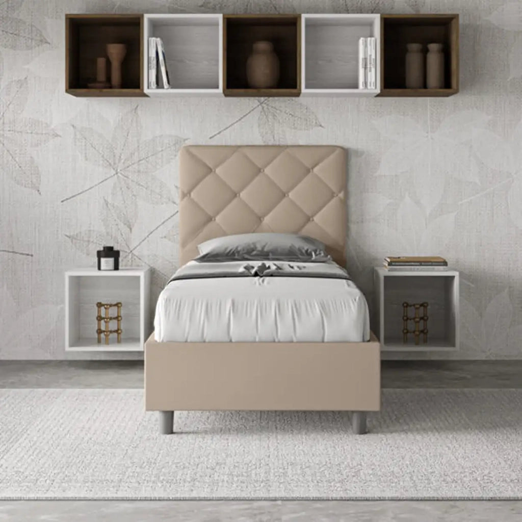 Letto singolo con rete imbottito 90x210 similpelle tortora Priya