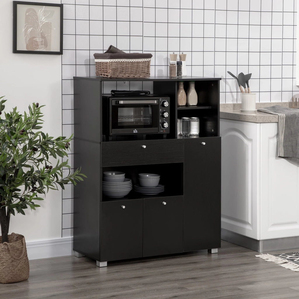 Credenza da Cucina 90x40x120 cm per Microonde con Armadietti Mensole e Cassetto in Legno Nero