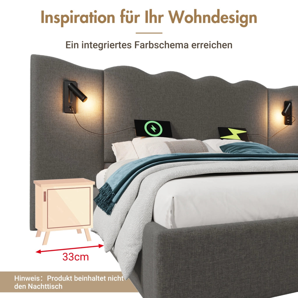 LETTO imbottito 160x200 cm in lino grigio con lampada da lettura e USB-C